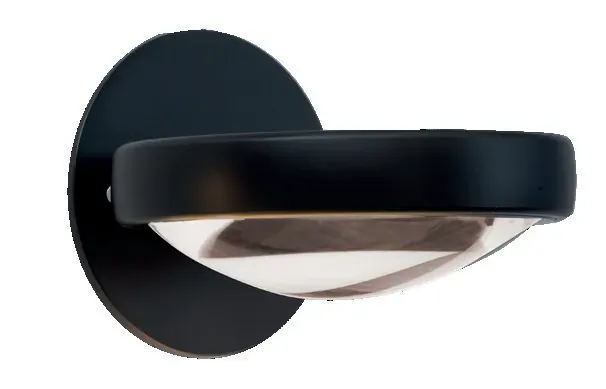 Wandleuchte Fly mit Glaslinse in Schwarz mit flacher runder Wandabdeckung