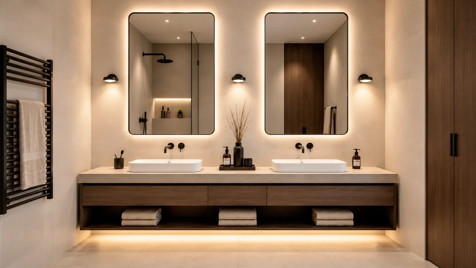Badezimmer mit zwei beleuchteten Spiegeln, Wandleuchten und beleuchtetem Waschtischunterbau, im Licht über den Regler einstellbar