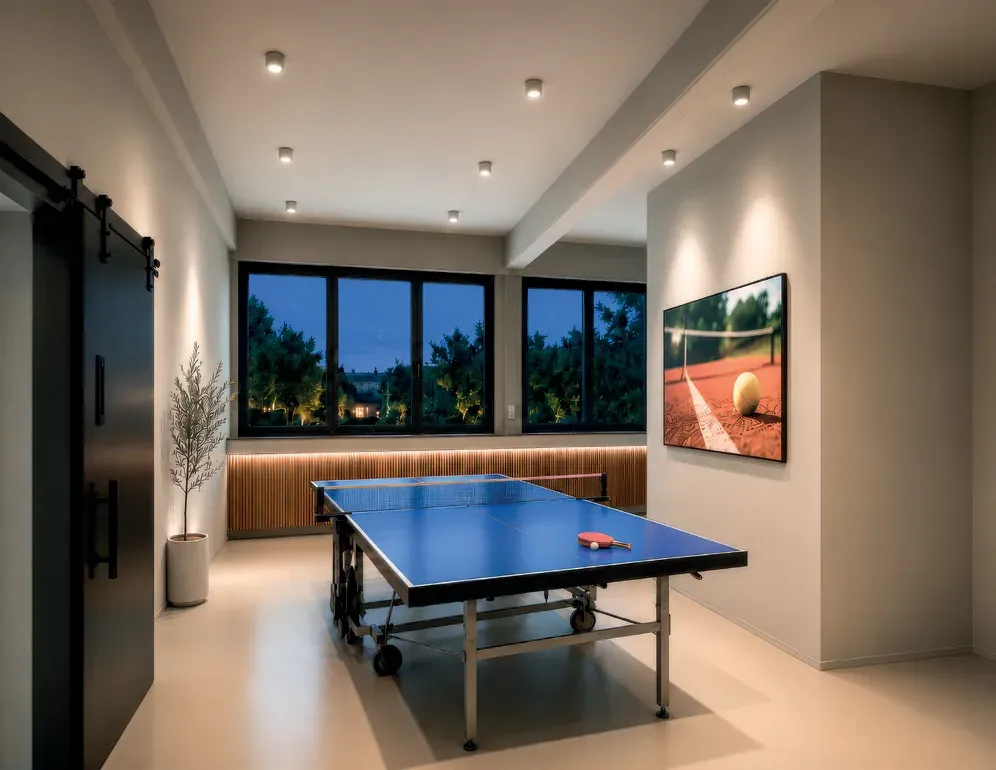Spot Noxx Halbeinbau in Weiß an der Decke eines Raums mit Tischtennisplatte Spot Noxx Halbeinbau in Weiß an der Decke eines Raums mit Tischtennisplatte