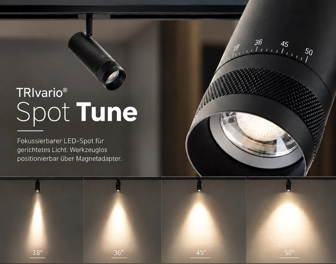 TRIvario Spot Tune in Schwarz an der Schiene, Nahaufnahme des geriffelten Fokusrings mit Skala und der Lichtkegel bei 18, 36, 45 und 50 Grad