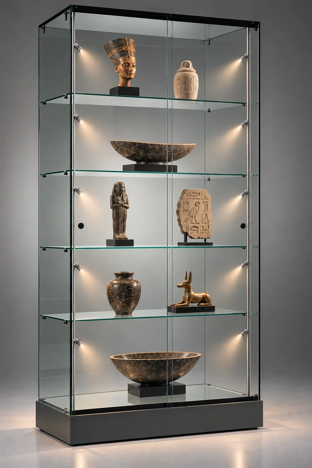 Glasvitrine mit Microline Spots an den Seitenschienen, die Exponate auf vier Glasböden punktgenau ausleuchten