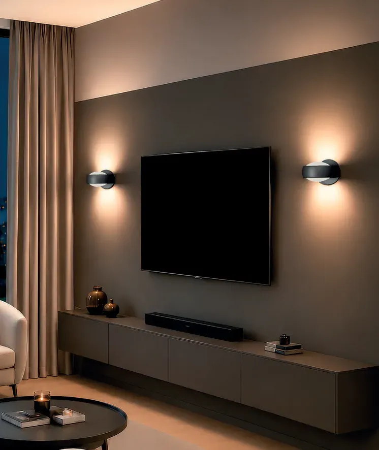 Zwei Wandleuchten Fly mit opalem Glas in Schwarz neben einem Fernseher im Wohnzimmer